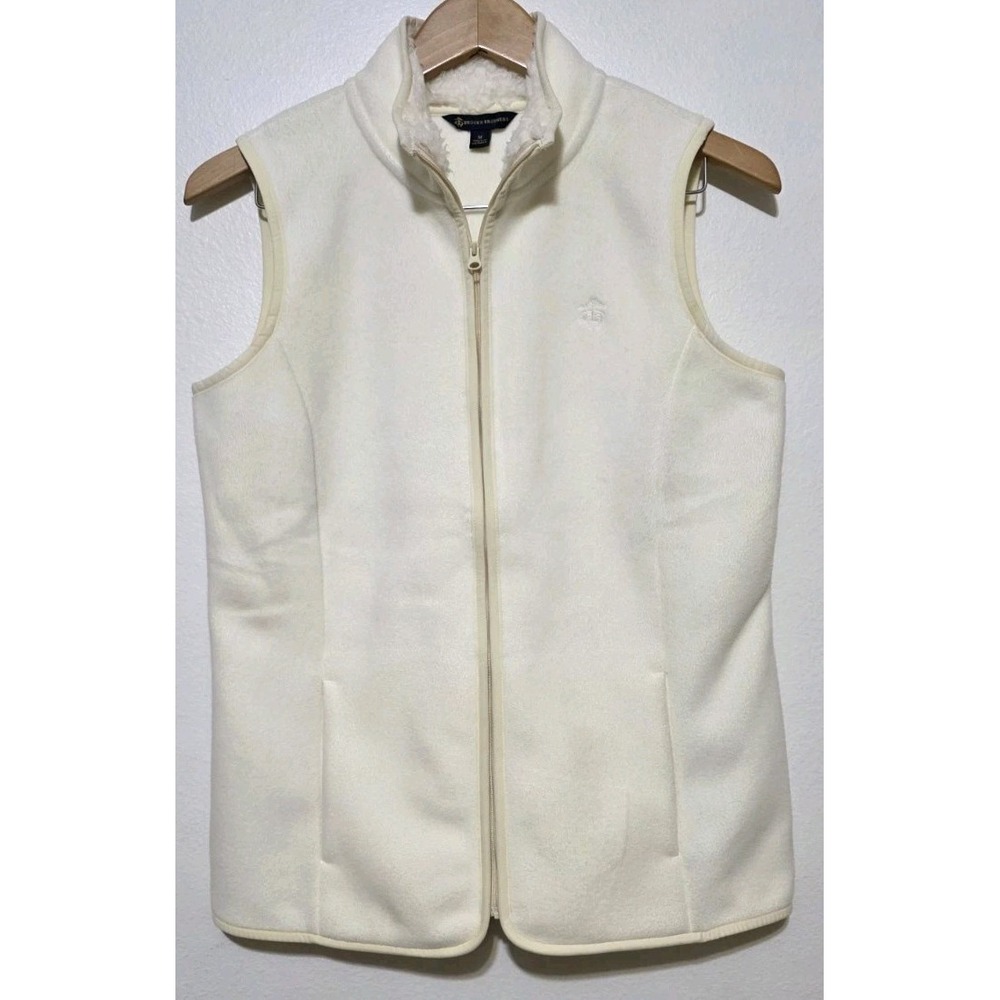 Brooks Brothers Sweater Vest Women M Fleece Fuzzy Cream Golf Casual Full Zip EUC